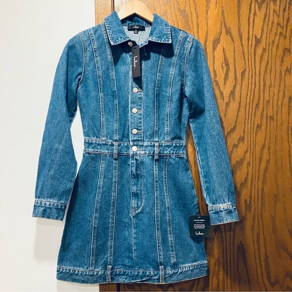 LuLu's Flawless Trend Medium Wash Denim Long Sleeve Mini Dress size XS NEW - Picture 2 of 8